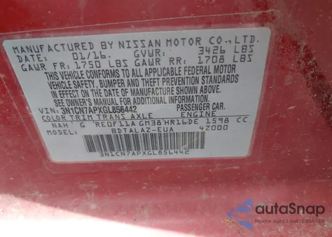 2016 Nissan Versa 1.6 S+ from USA, damaged, VIN 3N1CN7APXGL856442